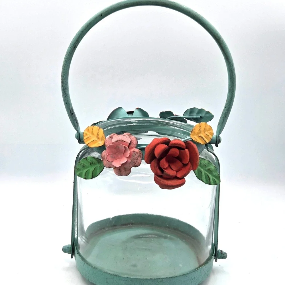 Green Metal Candle Holder Lantern with Flowers Cottagecore Garden‎ Decor
